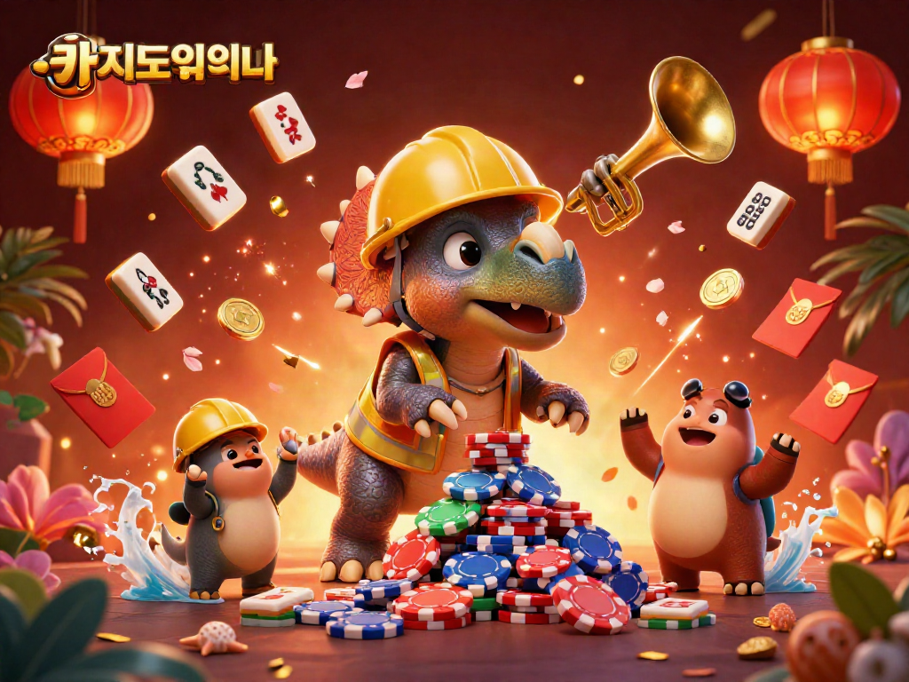 카지노사이트에서 다양한 게임을 즐기는 3D 공룡 캐릭터들 모습