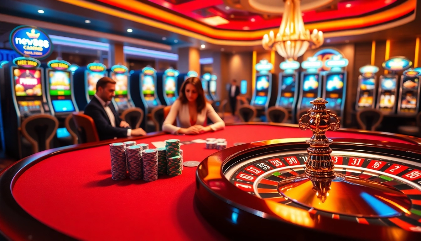 High-stakes poker action at new888 with casino tables and vibrant slot machines.