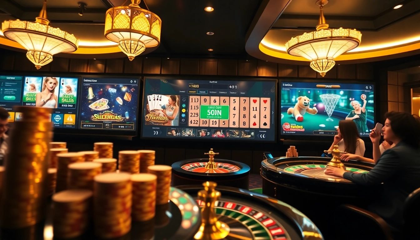Players enjoying high-stakes gambling at https://lc88ta.com/ with poker chips and roulette wheel in a luxurious casino.