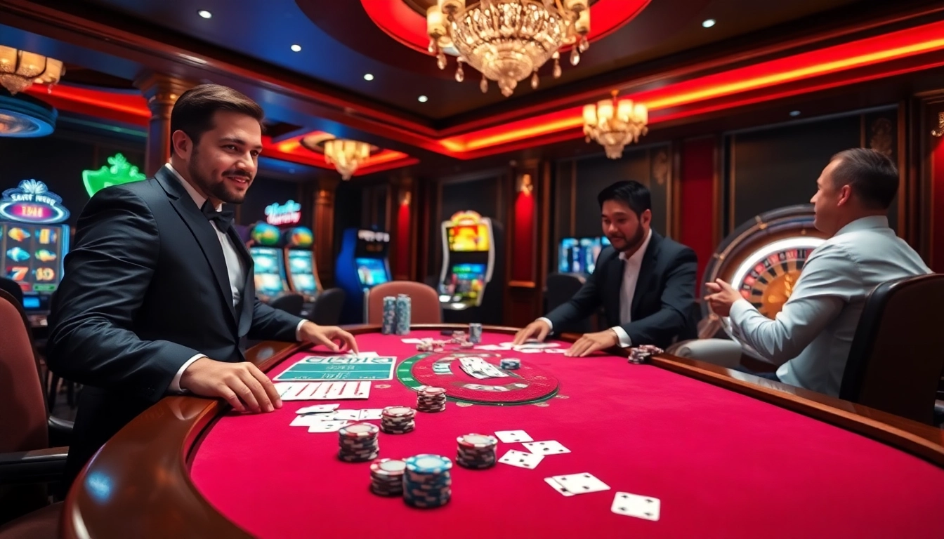 Experience exciting sbobet link alternatif action at a luxurious casino table showcasing poker and vibrant slot machines.