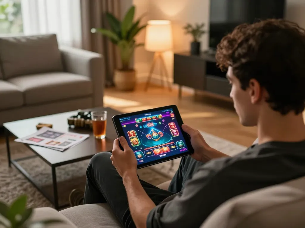 Engaging online gaming scene showcasing a player at https://goal123.ac/ tablet enjoying their casino experience in a cozy setup