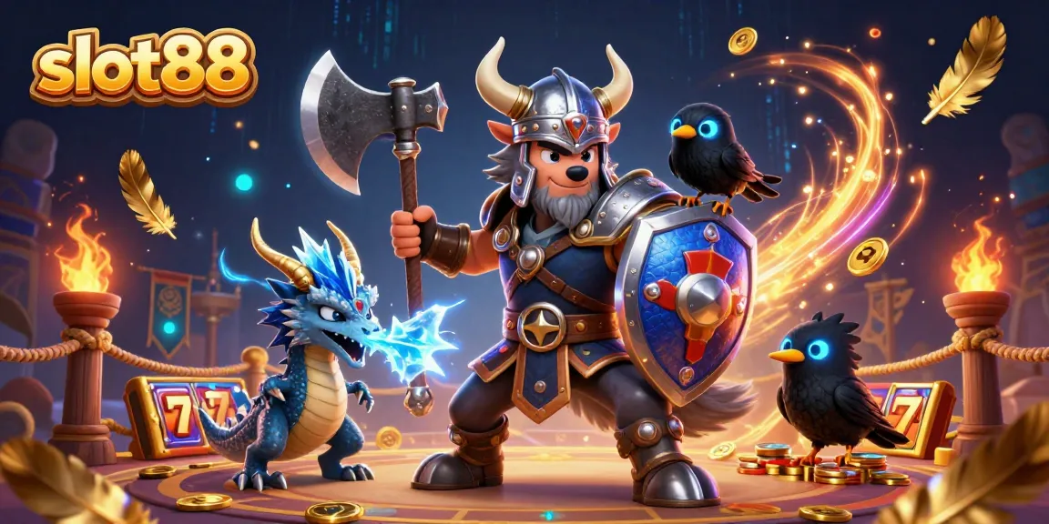 Slot88 menampilkan karakter Viking dengan naga dan burung gagak, penuh aksi dan simbol perjudian.