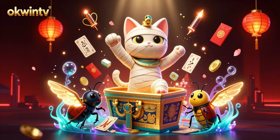 Engage with Okwintv's exciting online gambling experience featuring a mummy cat and vibrant casino elements.