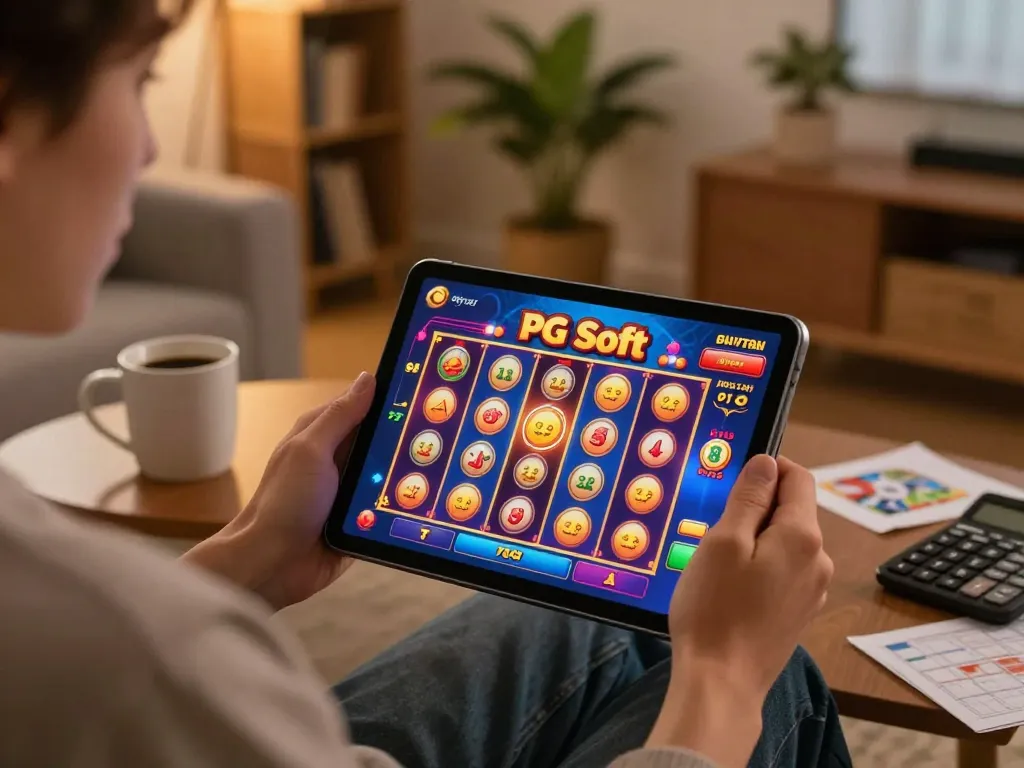 Memainkan Demo Slot PG Soft di tablet dalam pengaturan permainan rumah yang nyaman dengan catatan strategis dan suasana yang hangat.