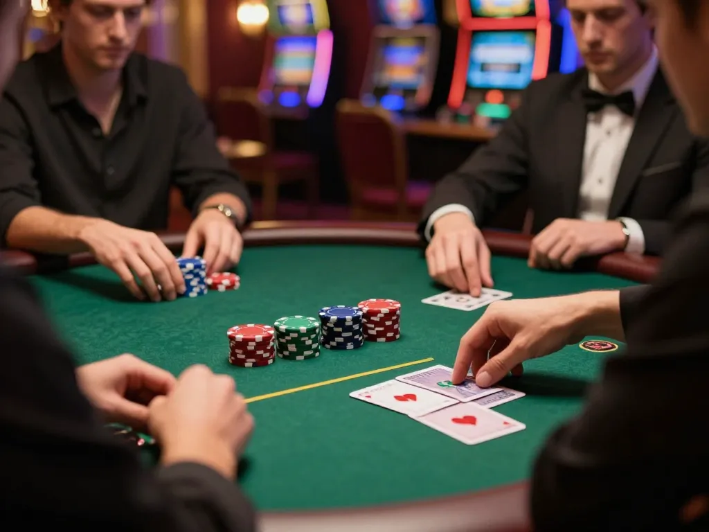 Engaging poker gameplay at tg88 casino, showcasing players placing bets and colorful chips.