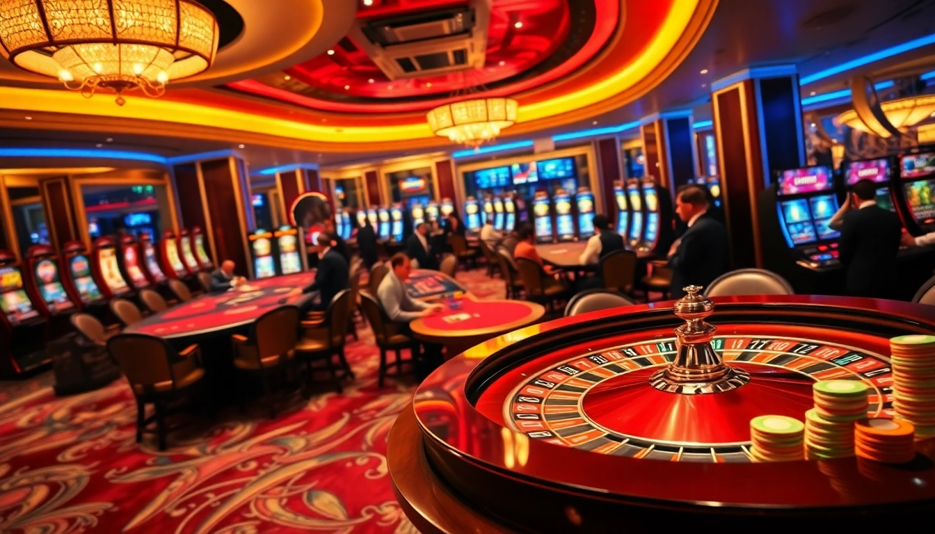 Players enjoying the thrilling gambling experience at WINBET casino with vibrant tables and machines.