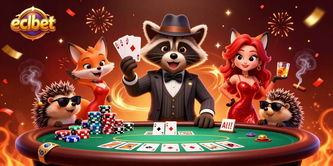ECLBet raccoon and fox winning at a poker table with vibrant gaming elements