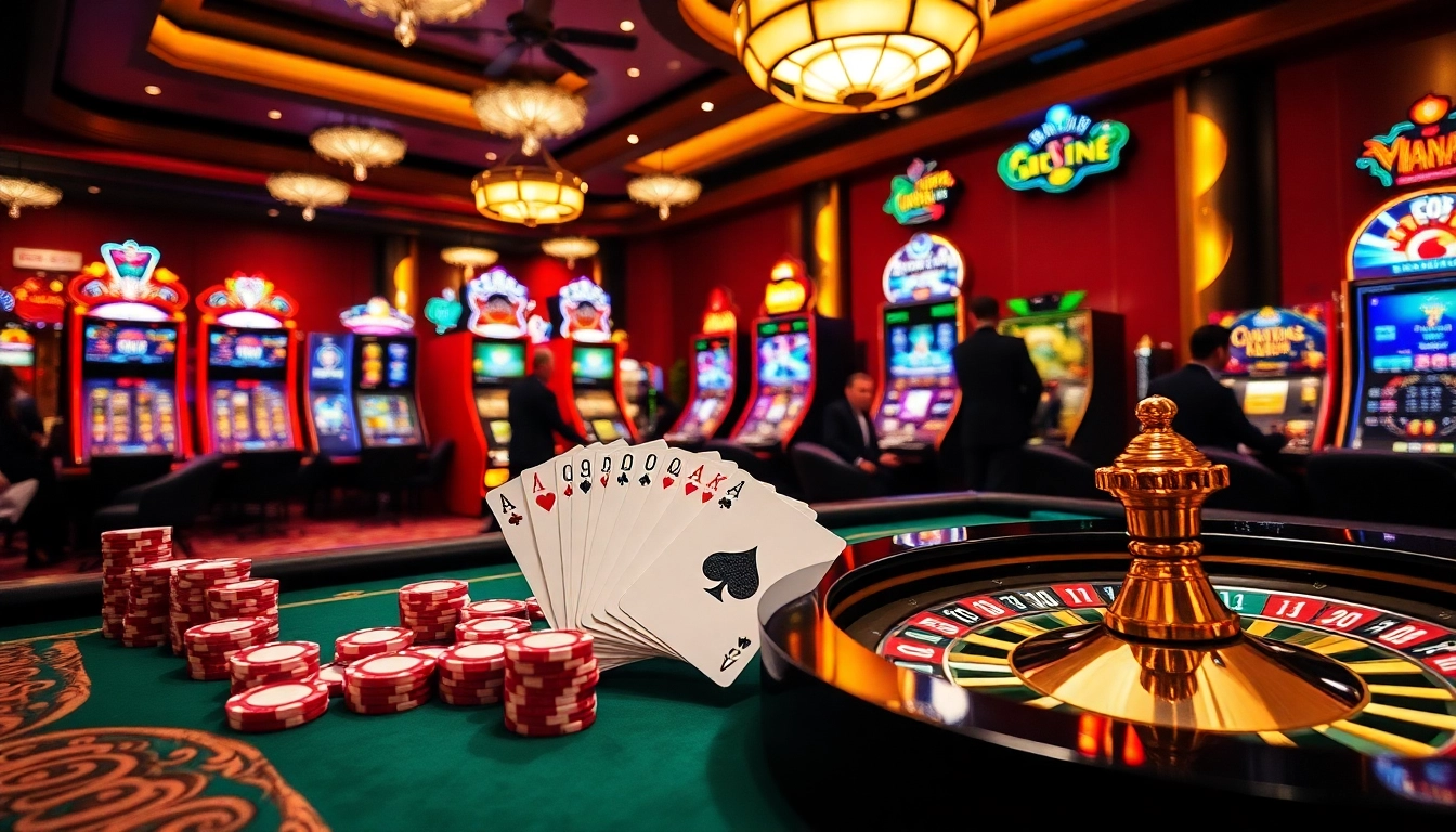 Join the excitement at https://nk88.baby/ with vibrant casino games, poker chips, and roulette wheels.