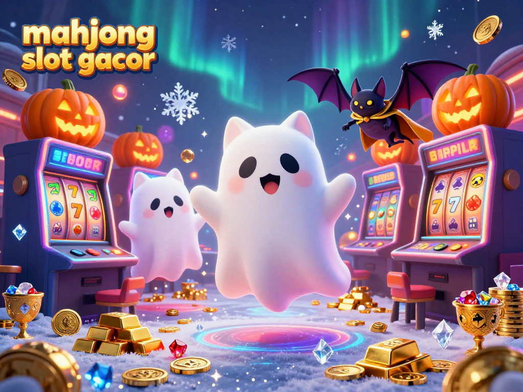 Experience majhong slot gacor excitement with a vibrant casino scene featuring a ghost cat and glowing treasures.