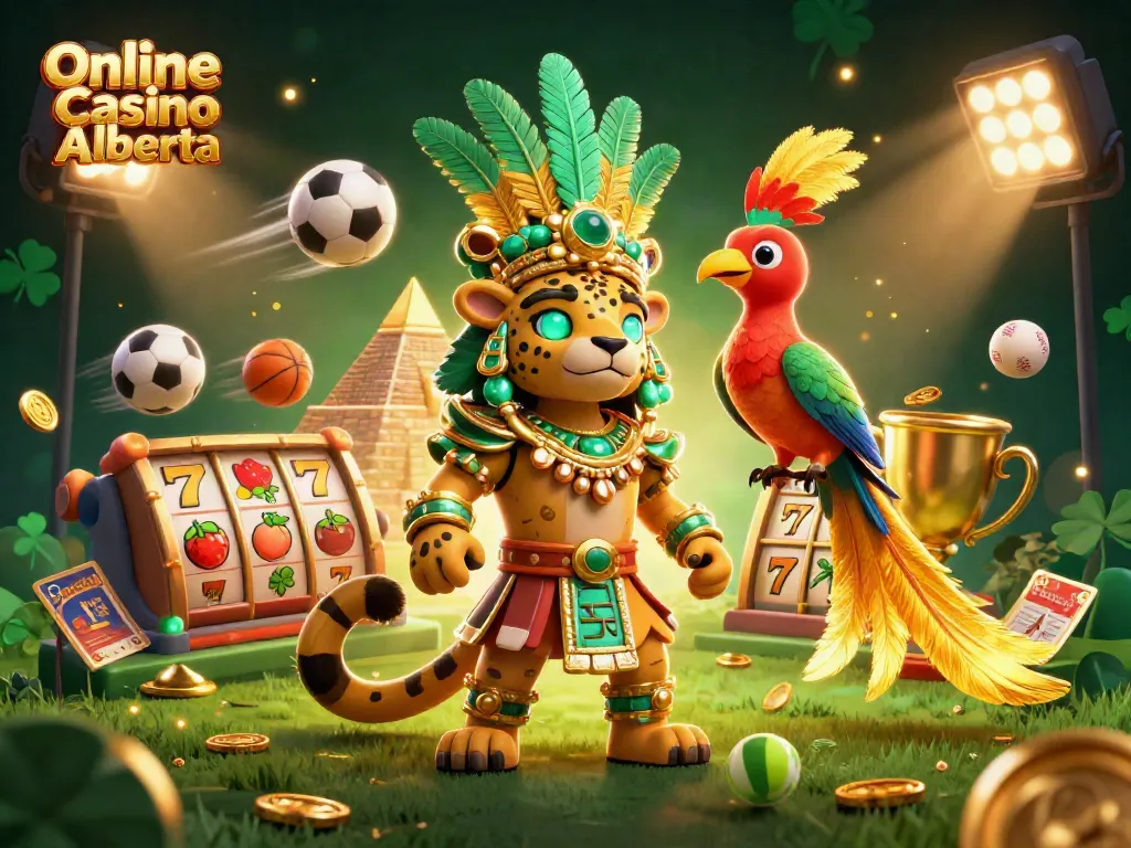 Online Casino Alberta offers thrilling slots and jackpot games in a vibrant 3D illustration.