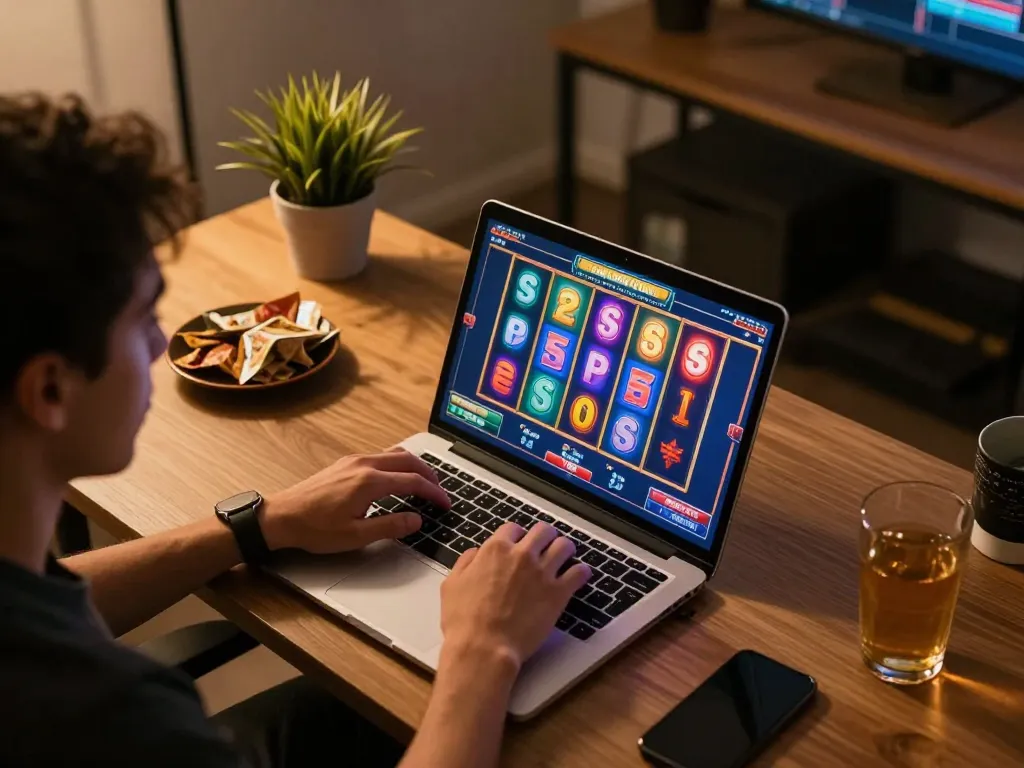 Engaging with slot gacor on a laptop while enjoying a cozy online gaming session at home