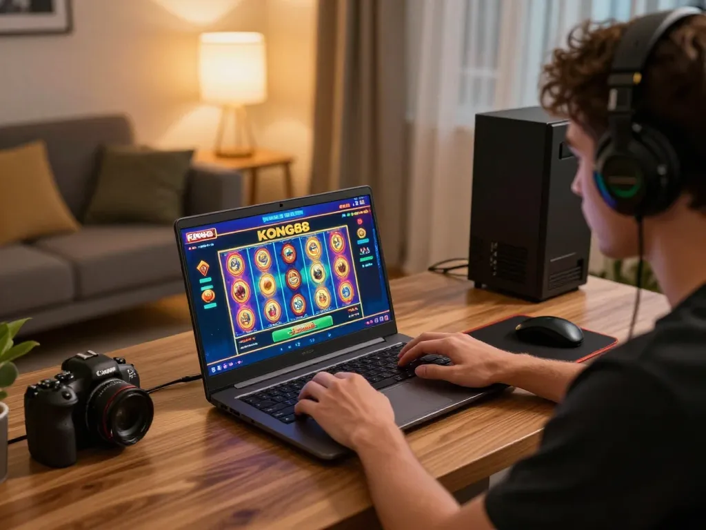 KONG88 player enjoying a thrilling online gaming experience with vibrant interface and cozy home setup.