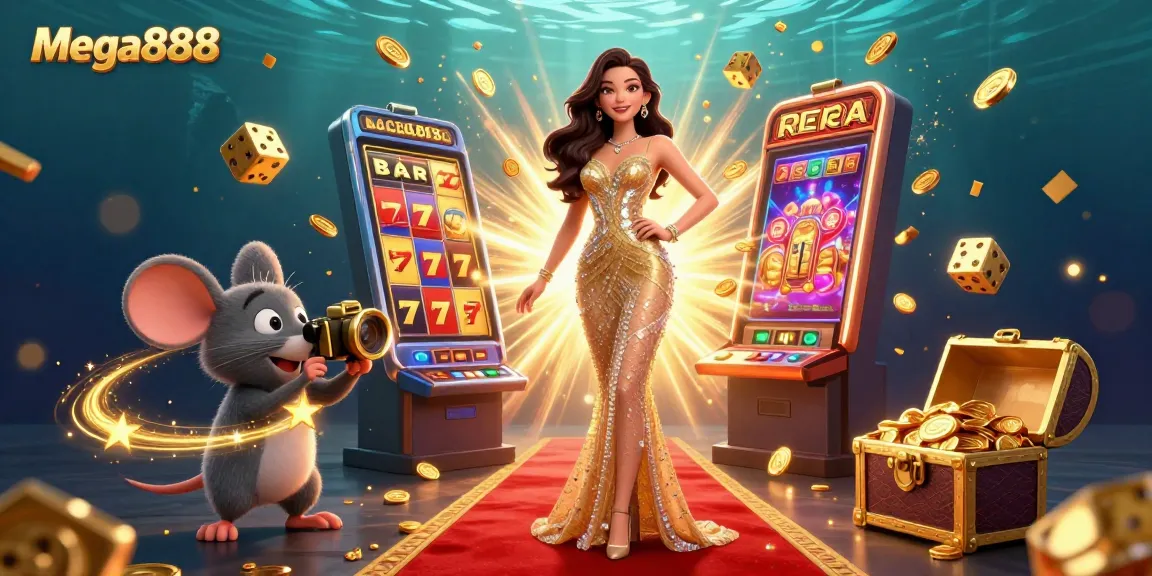 Mega888 jackpot celebration with stunning character and dynamic casino elements in a vibrant digital art scene.