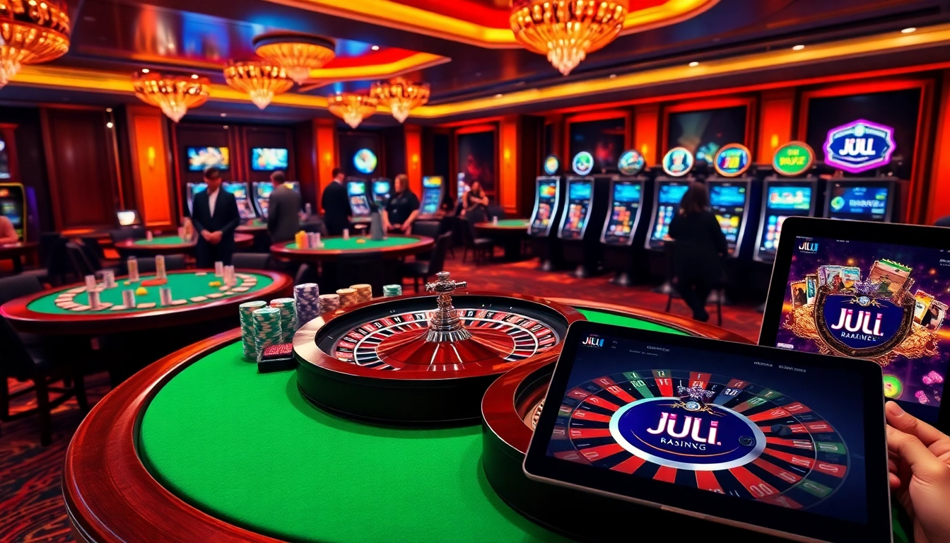 Players enjoying JILI games at a vibrant online casino with roulette and poker tables.