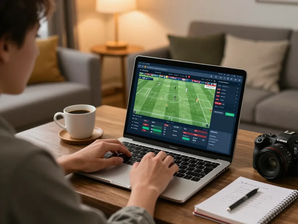 Engaging online sports betting session with cm 88 on laptop, warm home atmosphere, detailed strategy notes.