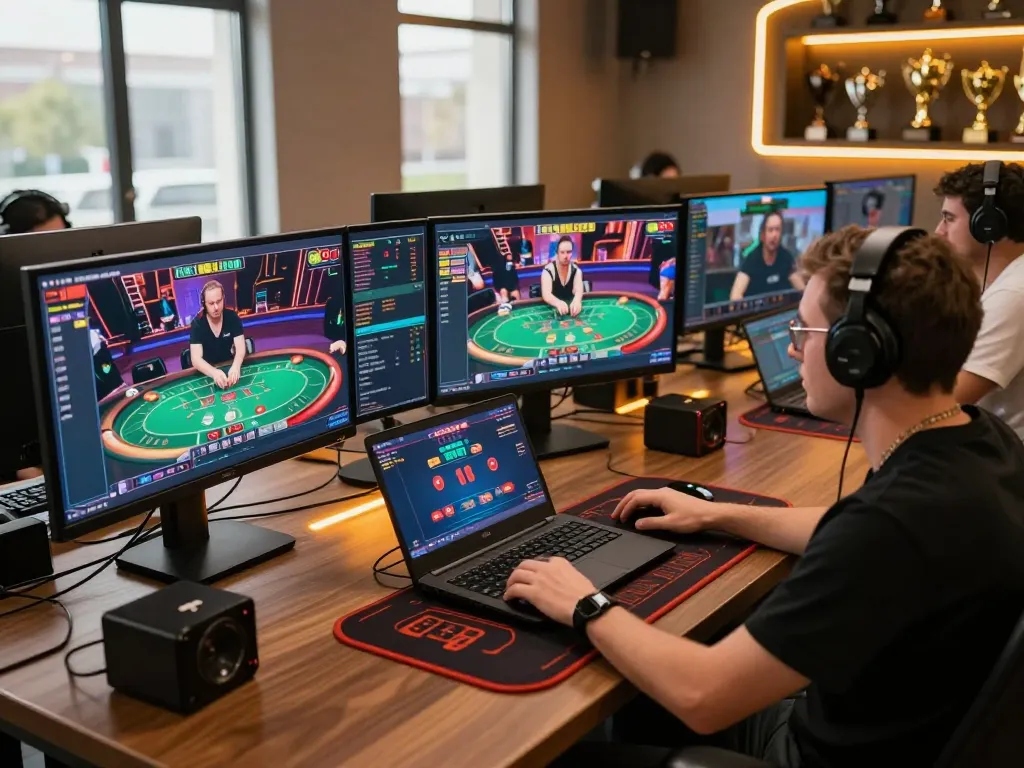 Engage in competitive online play with Go8 gaming setup showcasing multi-screen action
