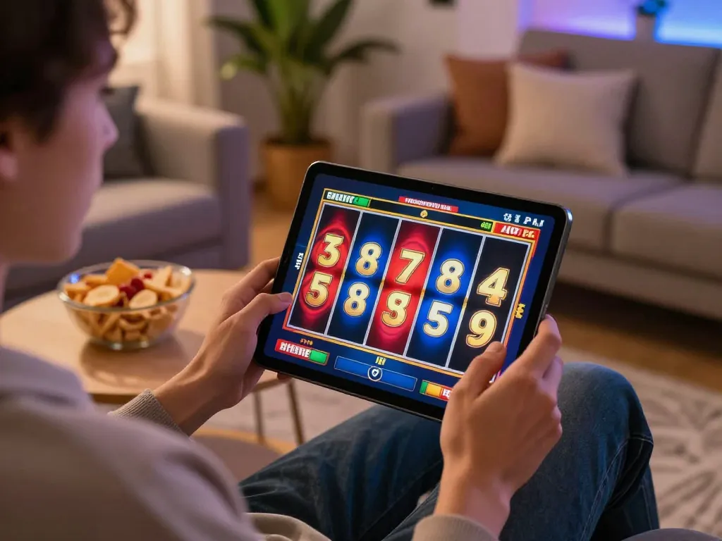 Engaged player using a tablet for slot depo 5k game in a cozy home environment.