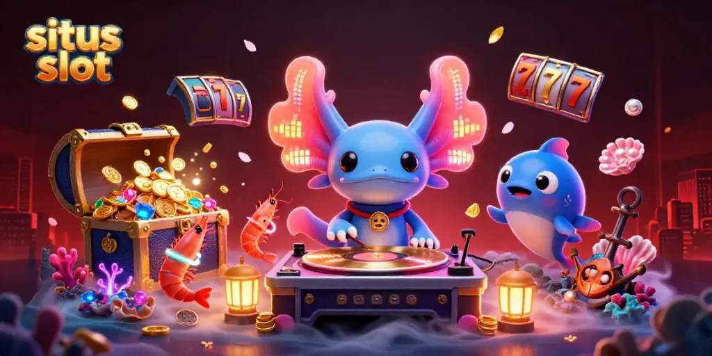 Engage with situs slot as the neon-colored axolotl DJ spins at an underwater casino.