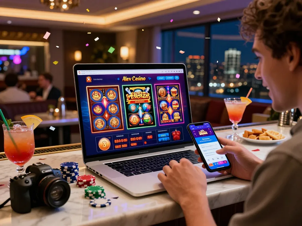 Alev Casino vibrant online gaming setup showcasing an exciting player experience with modern interface and celebratory atmosphere.