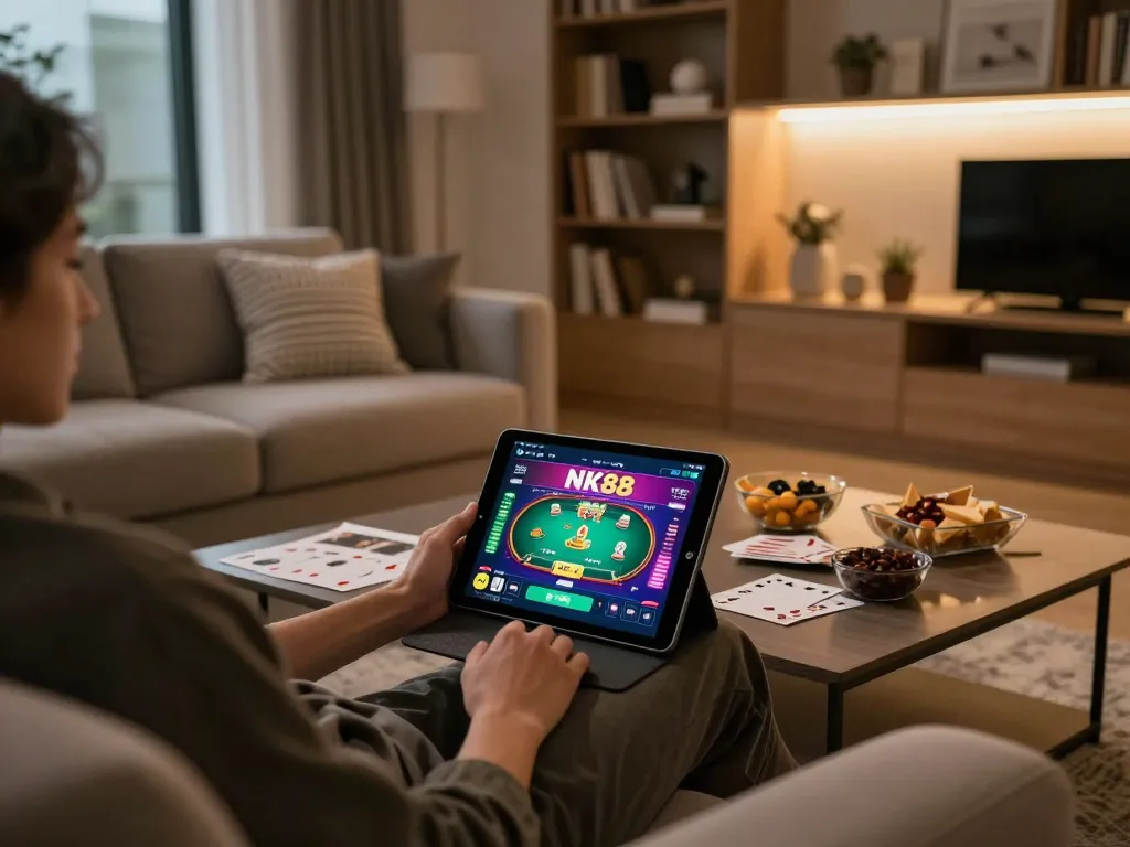 Engaging in NK88 BET experience on a tablet with poker game interface, cozy home setting