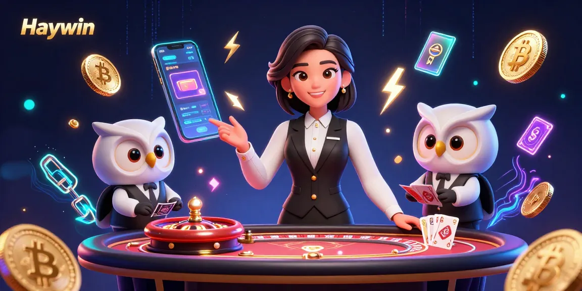 Play baccarat at Haywin with a professional dealer and digital crypto elements in a vibrant casino scene.