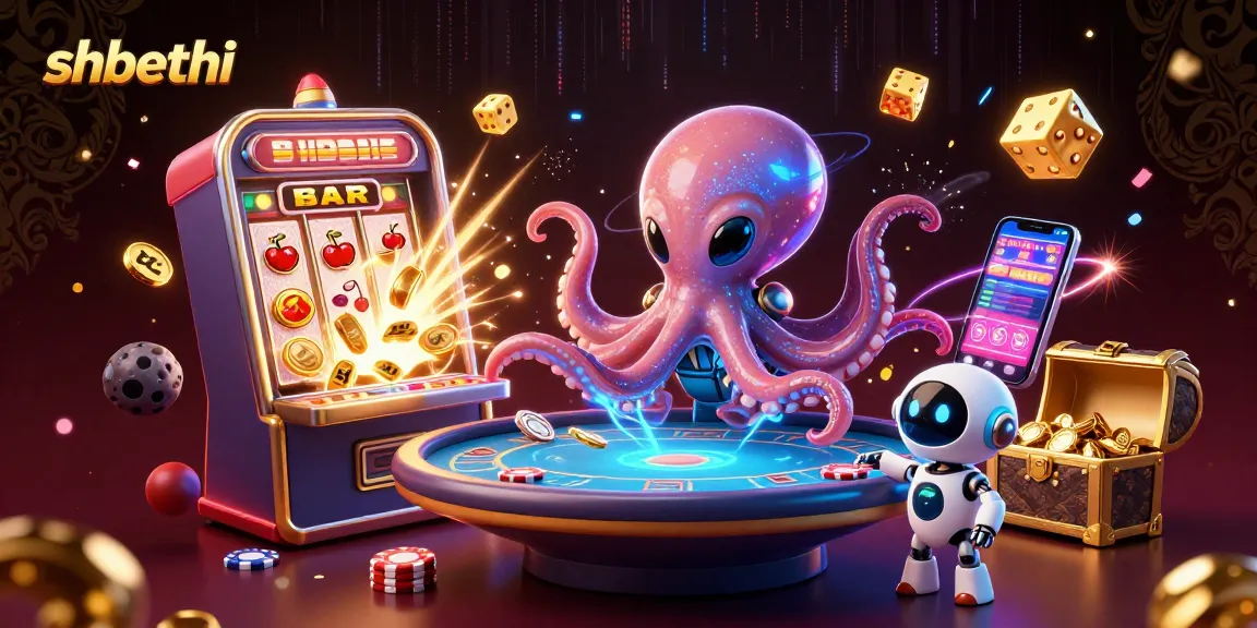 Engage in thrilling adventures with shbethi's vibrant casino scene featuring an energetic octopus and robot.