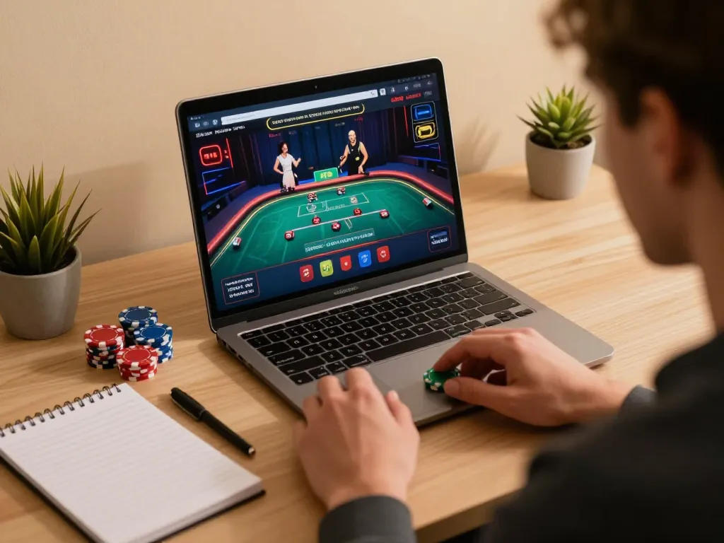 Engaged player strategizing online casino bets on laptop while using the lsa platform.