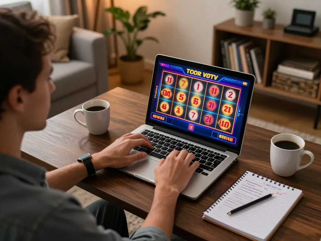 Engaging in a toto slot game at home with a cozy setup and betting strategies.