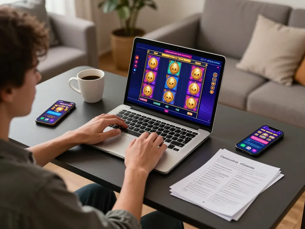 Engaging in slot online gameplay from a cozy home desk setup with a laptop and snacks.
