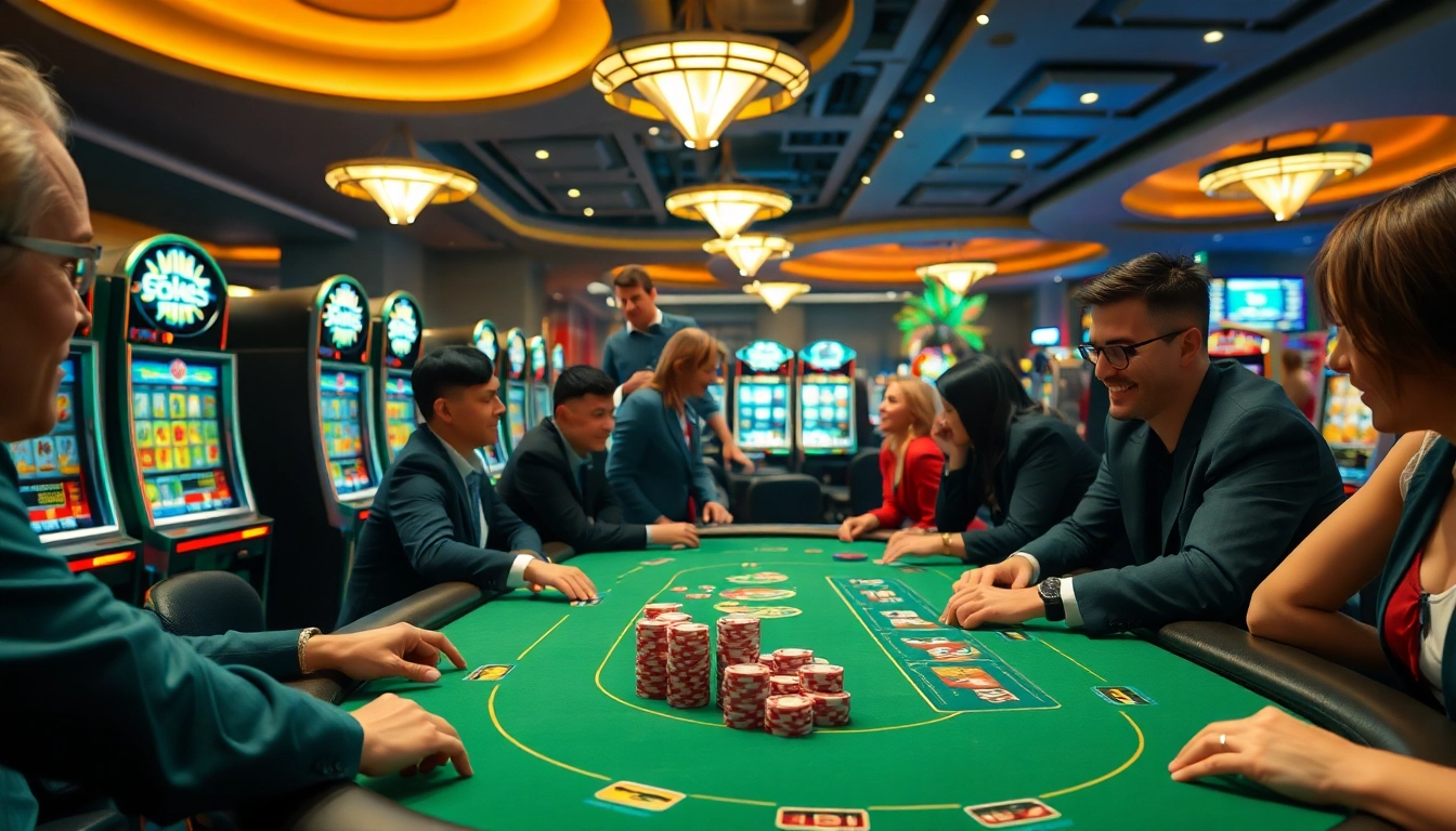 Permainan kasino T0812 yang menarik dengan meja poker dan mesin slot yang meriah.