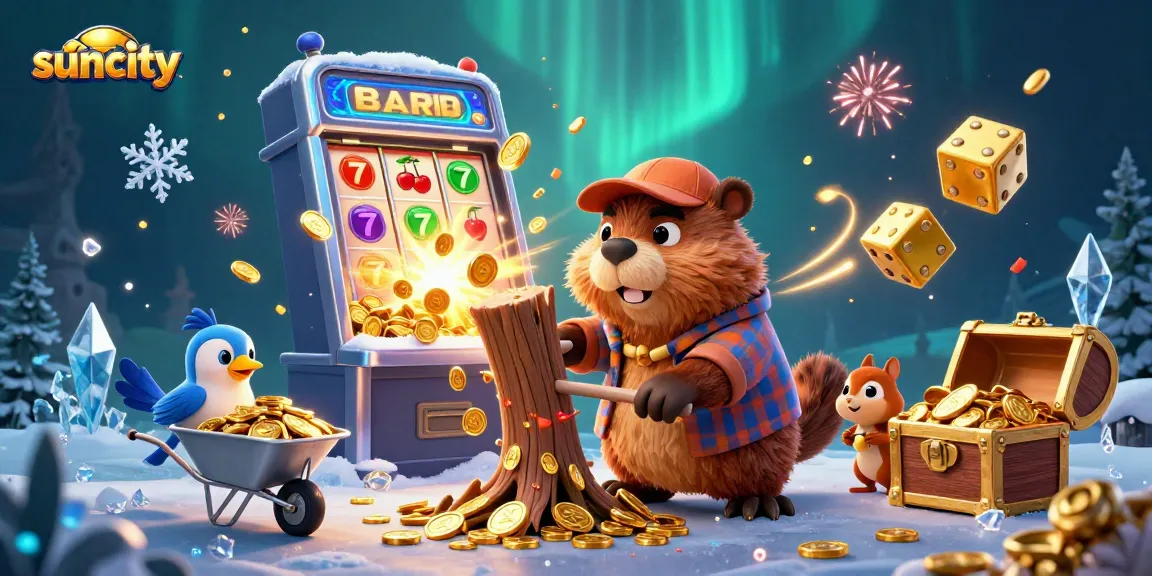 Suncity beaver collects falling gold coins while playing in a vibrant casino scene.