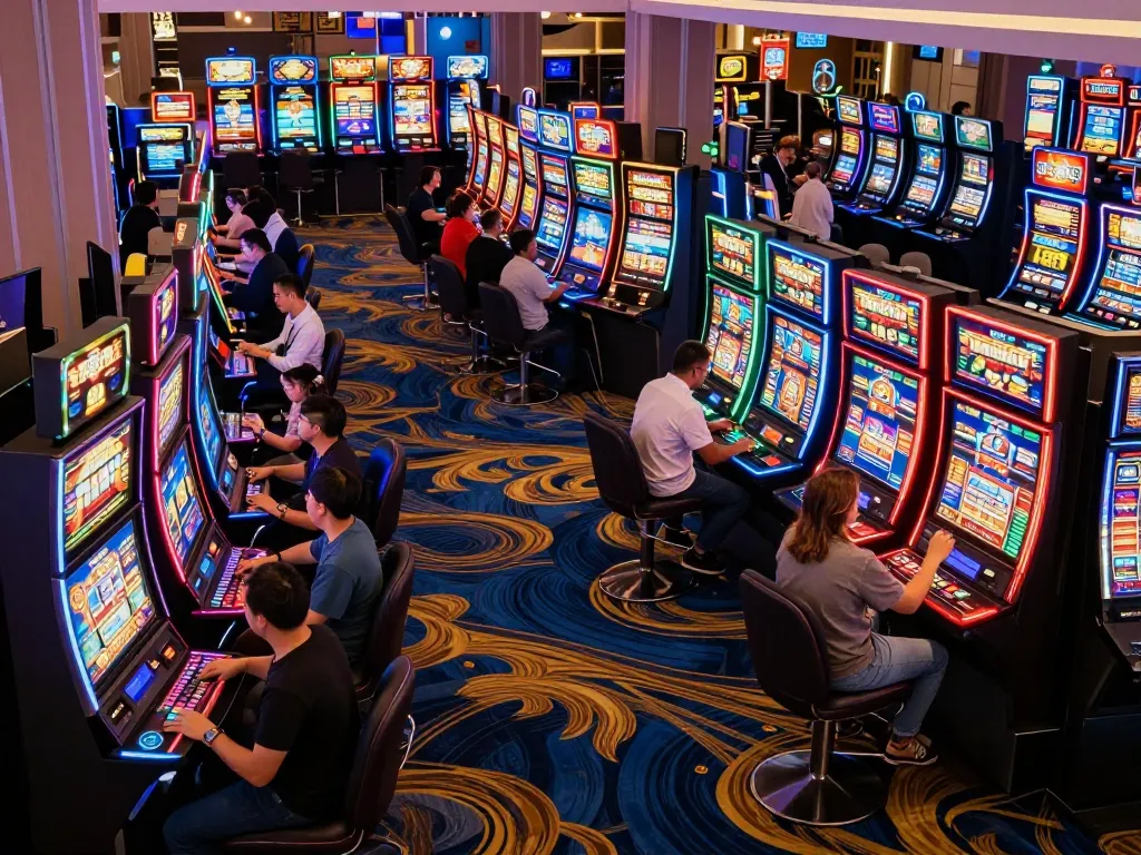 Players engaged with slot gacor machines celebrating wins in a vibrant casino atmosphere