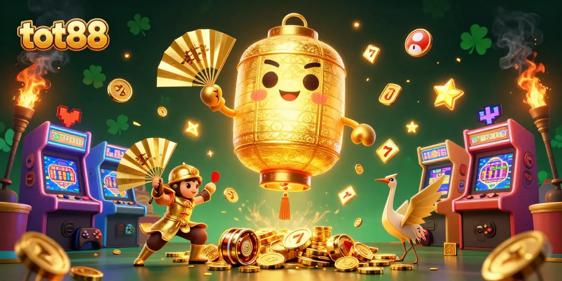 Engage in thrilling casino gameplay at tot88, showcasing a vibrant 3D illustration filled with lucky symbols.