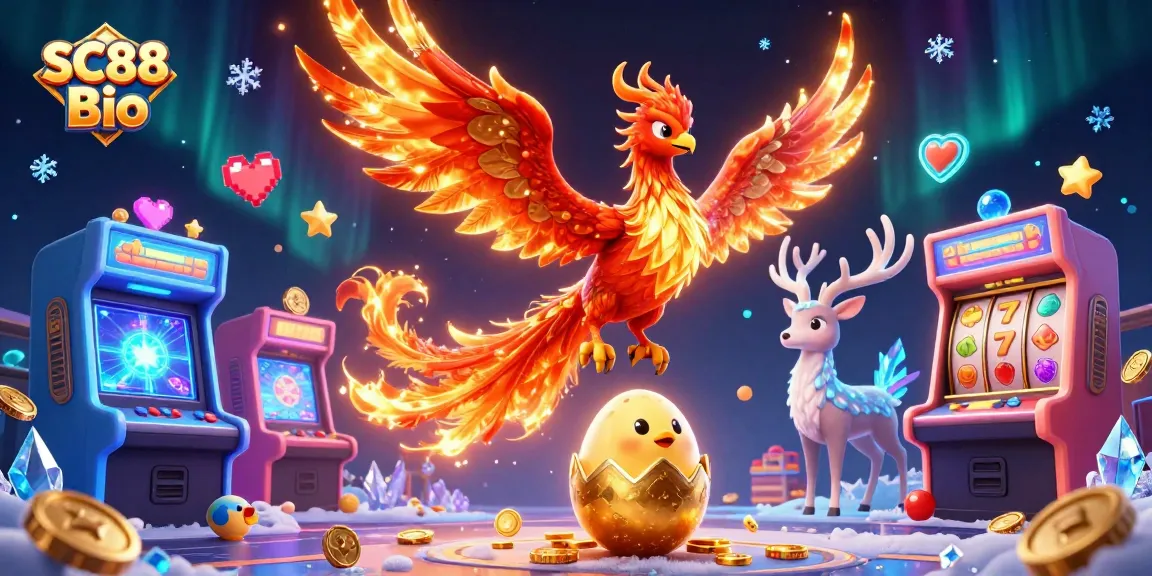 Engage with the vibrant atmosphere of SC88 Bio featuring a fire phoenix, arcade games, and slot elements.