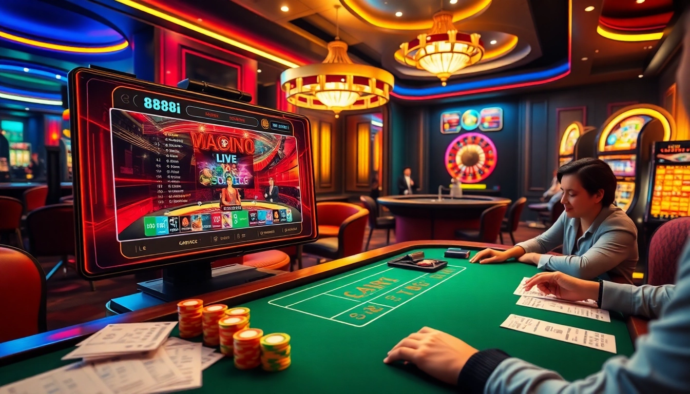Experience the excitement of online gambling at 88i with luxurious casino tables and vibrant poker chips.