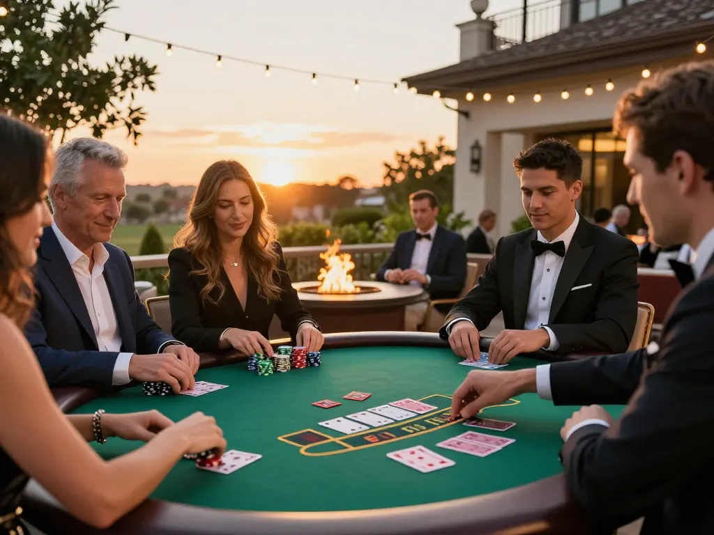 Players engaging in blackjack at sunset casino patio, enhancing winning strategies with 5679 expectations.