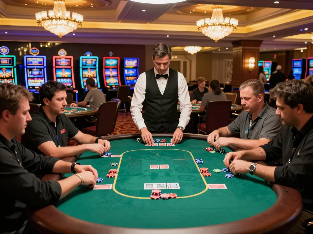 Players strategizing at poker tables in a go8s casino, illuminated by warm, elegant lighting.