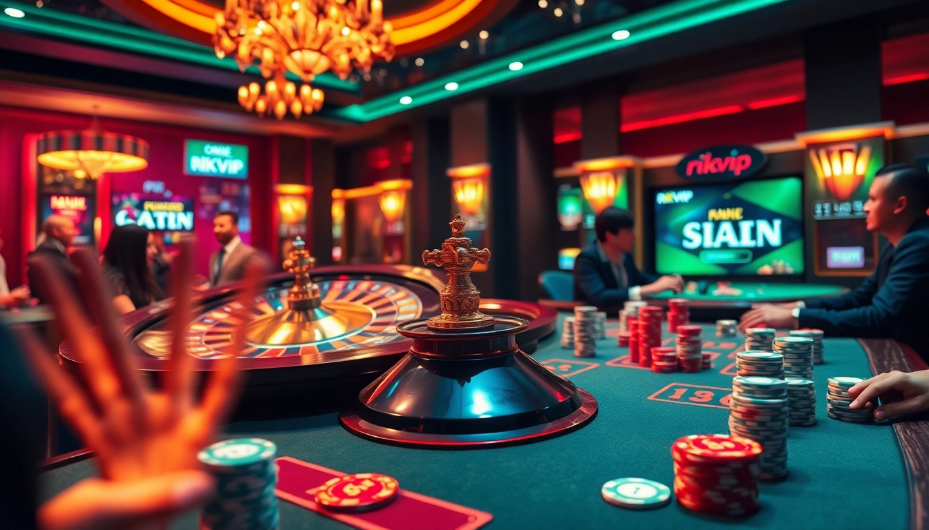 Players enjoying a gripping table game experience on rikvip with stacked poker chips and a vibrant roulette wheel.