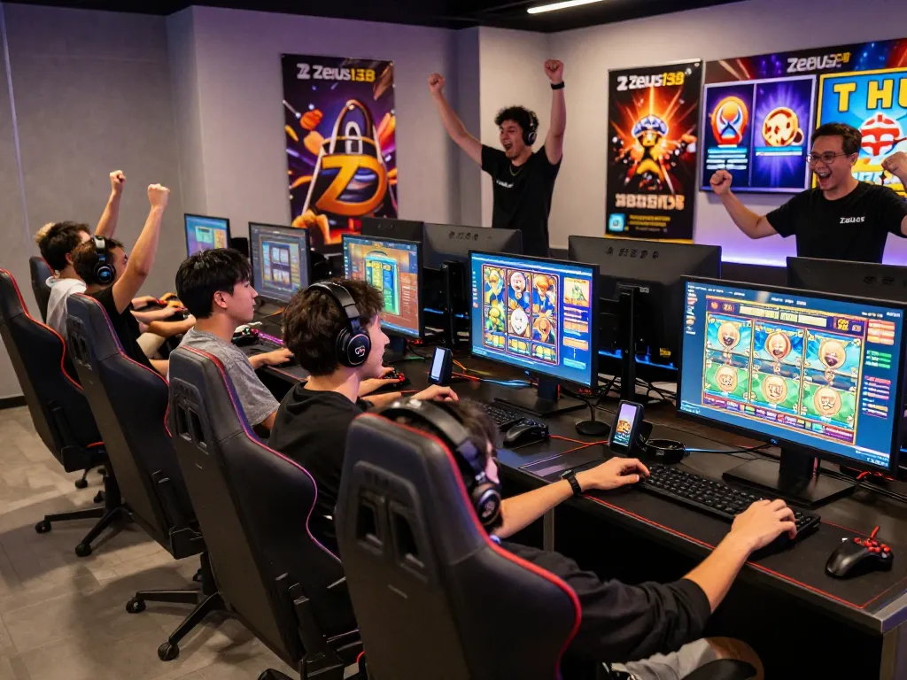 Experience the excitement of Zeus138 online gaming with players immersed in vibrant slot games and modern lounge settings.