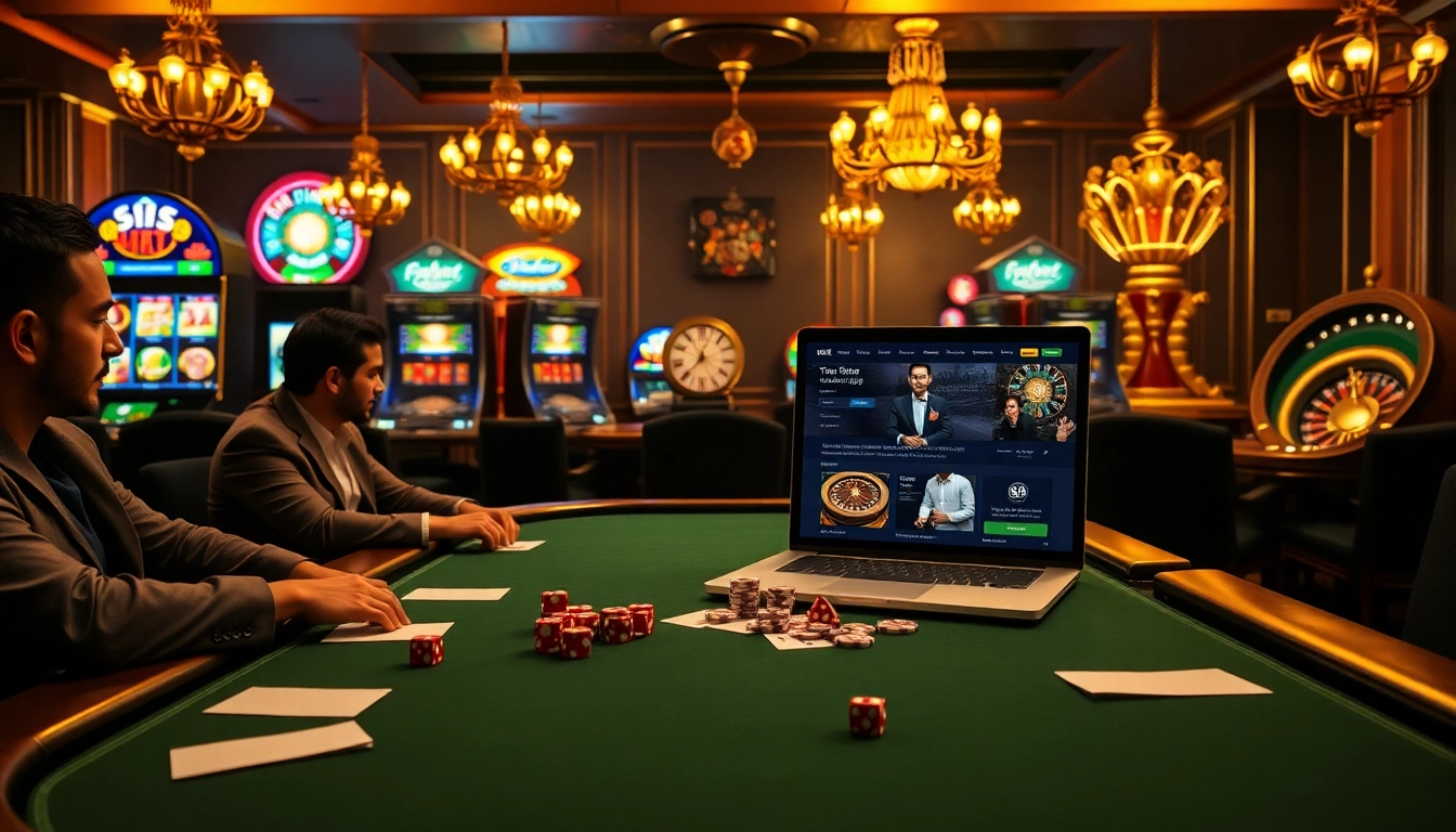 8kbet players strategizing at an elegant online poker table while surrounded by vibrant slot machines.