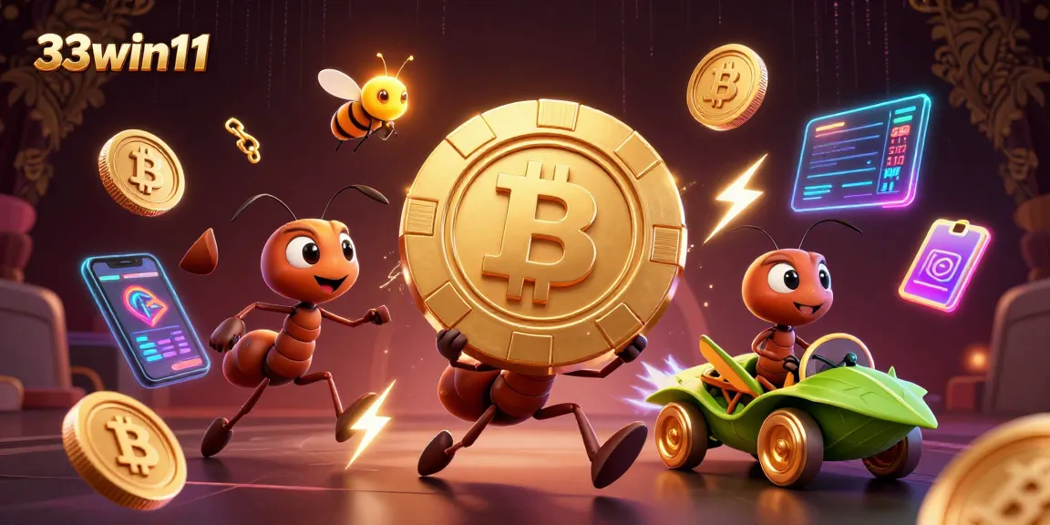 Engage in thrilling gaming with 33win11 as ants run a heist with golden poker chip through a luminous tunnel.