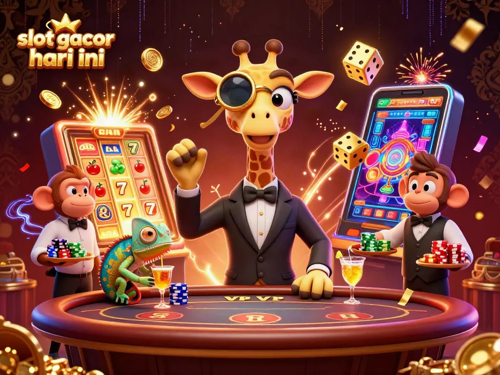 Slot gacor hari ini menampilkan jerapah penjudi dengan mesin slot dan monyet pelayan di kasino