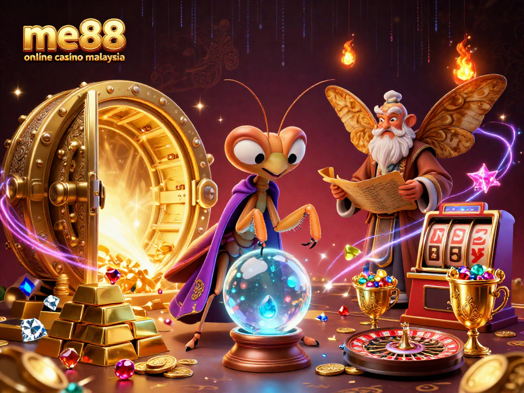 Engage with me88 online casino Malaysia featuring vibrant gaming characters and exciting casino elements.