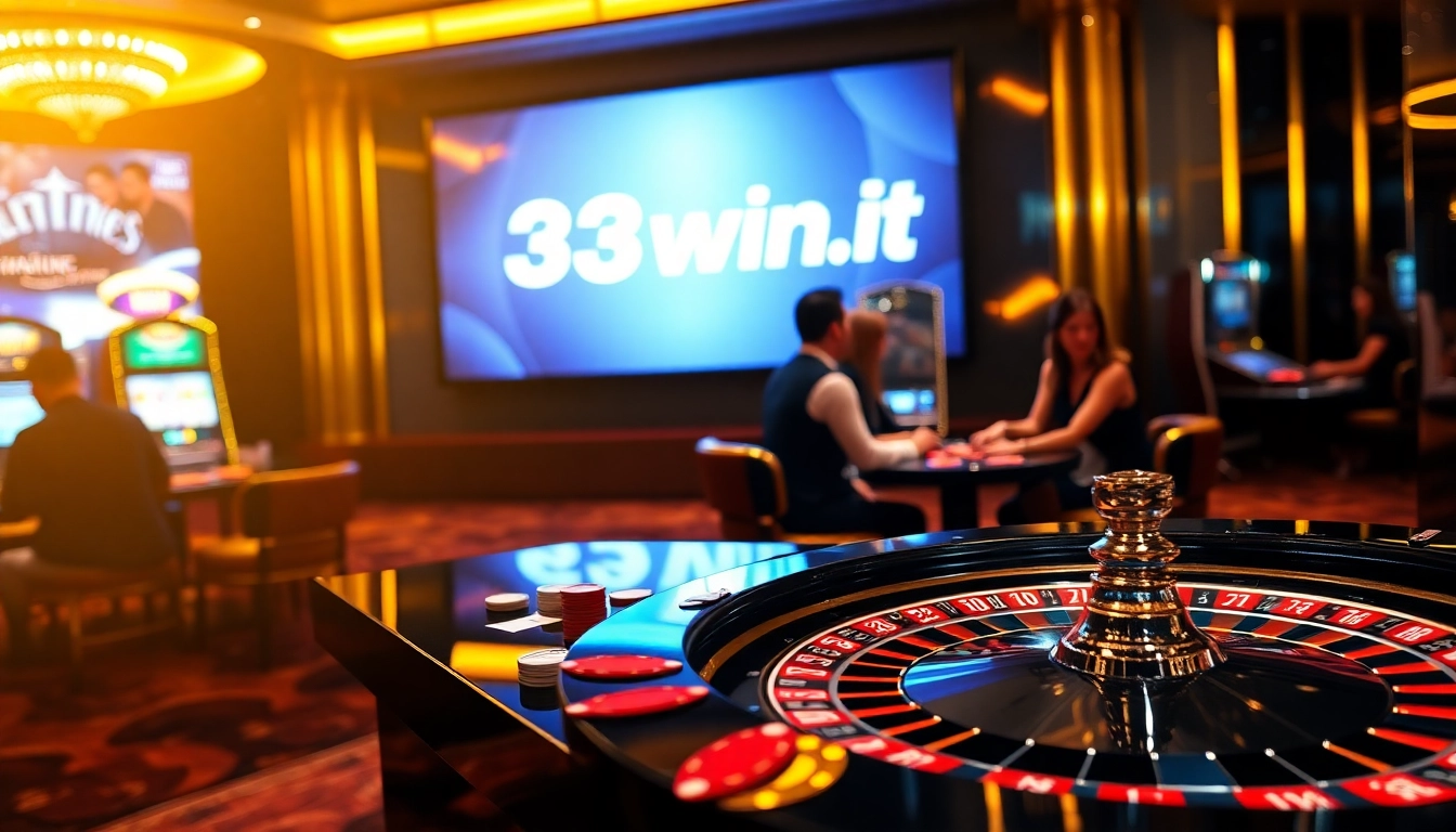 An exciting casino scene with poker chips and a roulette wheel featuring https://33win5.it.com/, capturing the thrill of online gambling.