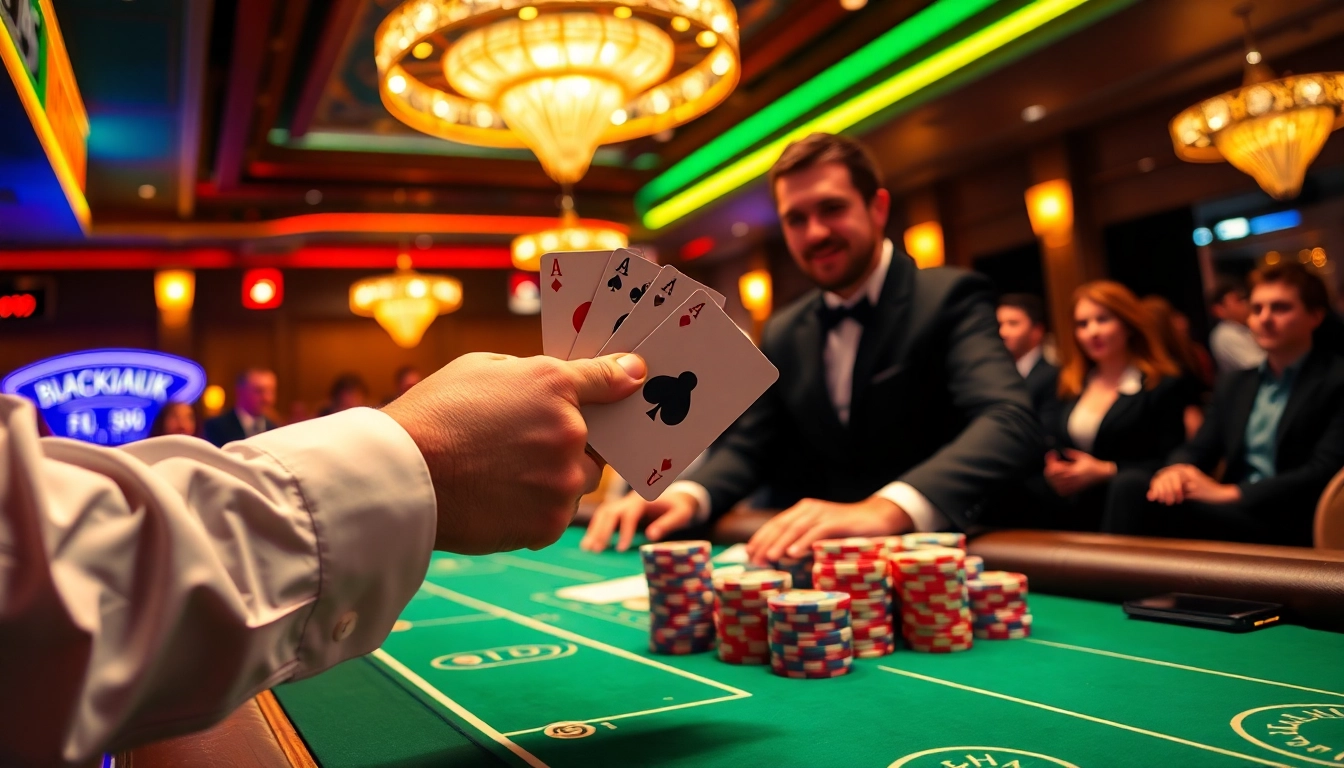 Engaging scene of a Blackjack Casino table showcasing a dealer and vibrant atmosphere.