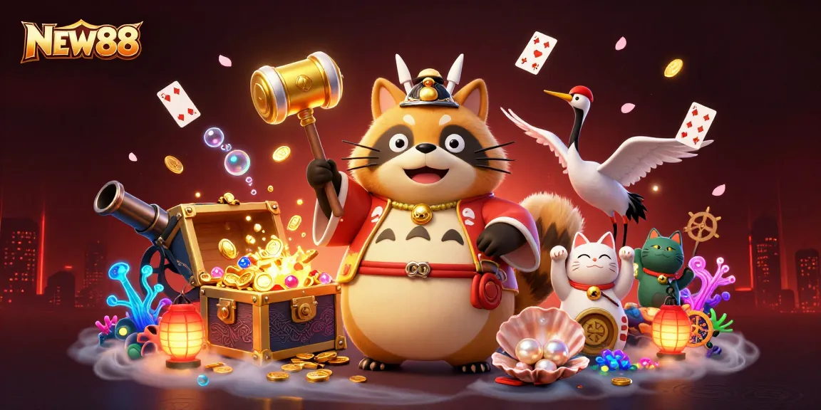 NEW88's vibrant casino scene features a cheerful tanuki and lucky elements, inviting players to join the fun.