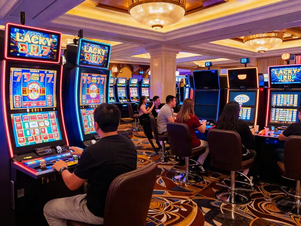 Exciting casino gaming scene around Lucky777 slot machine with players engaged.