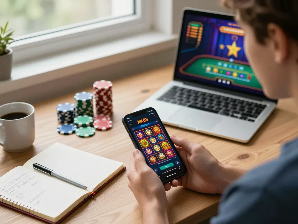 Player engaging with the NK88 casino app on a smartphone, showcasing vibrant gaming action.