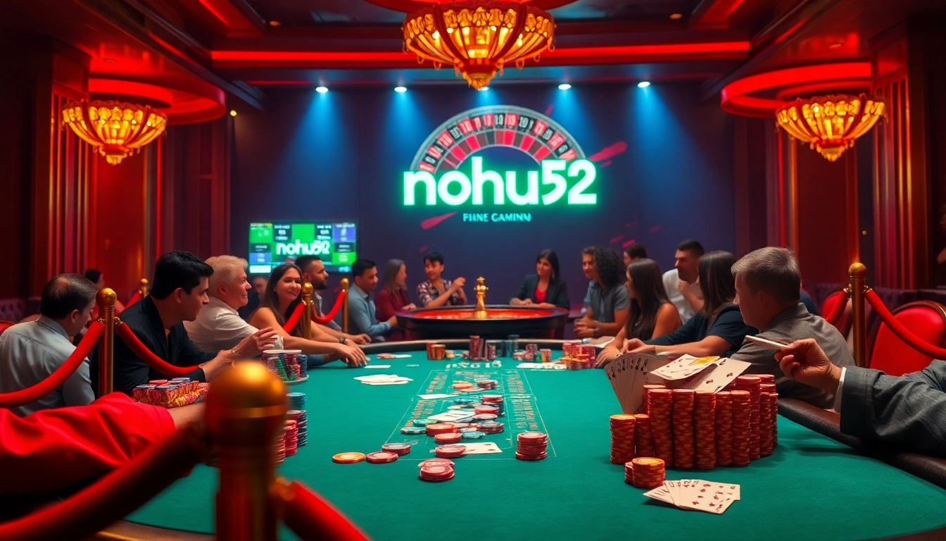 Nohu90 nohu52 players engaging in an exciting poker game with colorful chips and vibrant casino decor.
