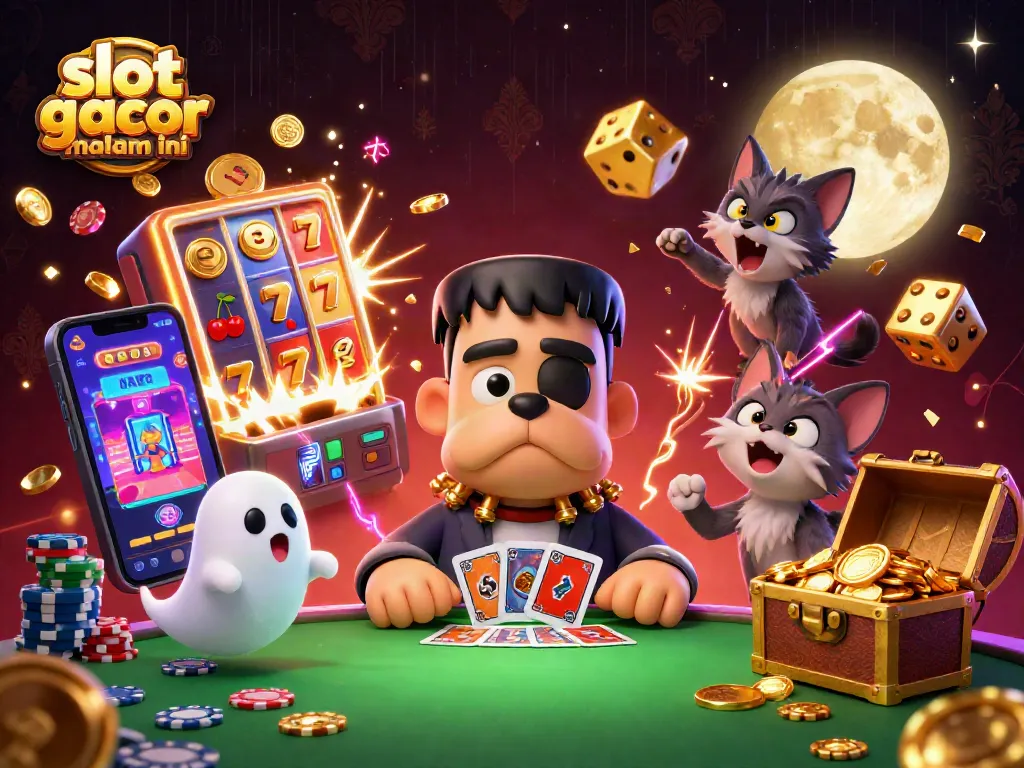 Slot gacor malam ini, permainan kasino yang penuh warna dan keberuntungan dengan monster Frankenstein dan kucing werewolf.